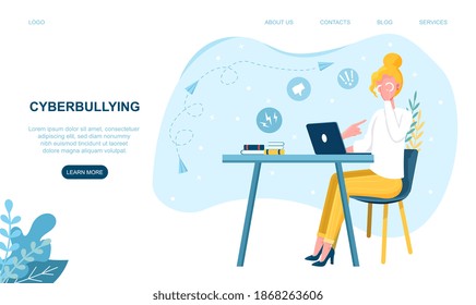 Female character is being cyberbullied. Concept of online harassment with unfriendly mean messages. Violence and abuse in social network. Website, web page, landing page template. Vector illustration