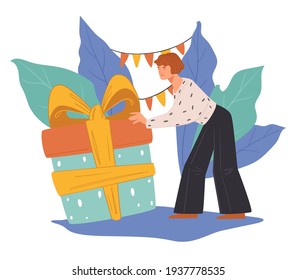 Carácter femenino con gran regalo en envoltura y arco decorativo de cinta. Mujer preparando regalo para una ocasión especial o un evento. Celebración y fiesta, felicitaciones y saludos. Vector en plano