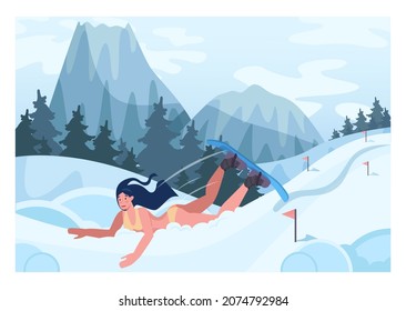 Female character in bikini falling in a snow bank. Snowboarder fell down a hill snowboarding. Snowboard newbie failure. Ski resort track. Winter extreme sport activities. Flat vector illustration