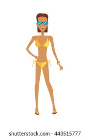 Female character in bikini and sunglasses vector flat design illustration. Beautiful woman ready for summer vacation ant beach entertainments standing isolated on white background.
