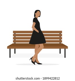 Female character in black dress and shoes stands near a wooden bench on a white background