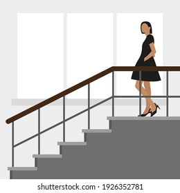 Female character in a black dress stands on the staircase against the background of a wall with a window