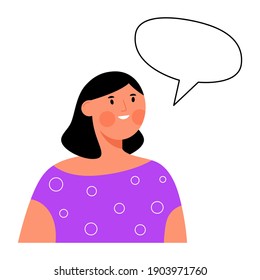Carácter femenino con una burbuja de habla en blanco - Mujer joven haciendo anuncio, soñando - Medios sociales, comunicación y concepto de mensaje - Espacio para el texto - Ilustración vectorial plana aislada