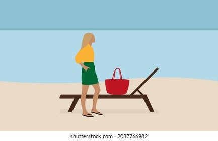 Female character with blond hair in summer clothes stands on the beach near a sun lounger