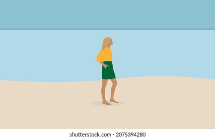 Female character with blond hair walking barefoot on the beach