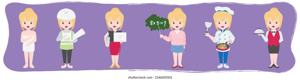Female character with blonde hair is wearing a towel and several types of working uniform, such as engineer, secretary, teacher, chef and waitress.