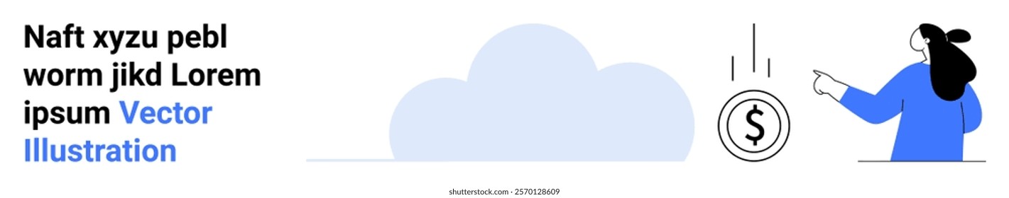 A female character in blue attire is seen tossing a coin into a savings fund with a cloud in the background. Ideal for banking, finance, investment, savings, and future planning themes. Banner