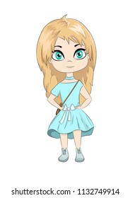 Female character in a blue dress with a bag