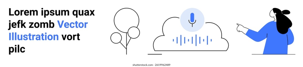 Female character in blue pointing towards cloud with microphone icon and sound wave graphics. Ideal for tech apps, voice assistants, cloud services, user guides, digital communication, software