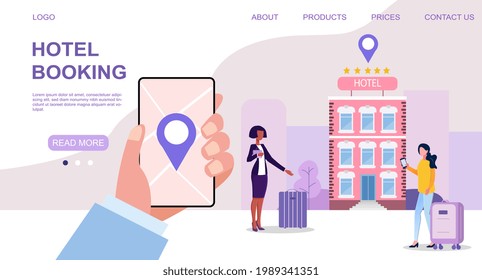 Female character is booking a hotel room on her smartphone online. Concept of mobile application for hotel booking. Website, web page, landing page template. Flat cartoon vector illustration