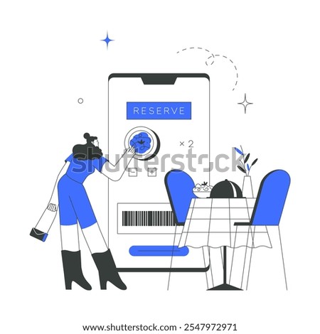 Female Character Booking A Restaurant Table Using A Mobile App In Flat Vector Illustration Symbolizing Online Reservation, Technology, And Dining, Isolated On White Background