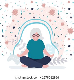 Female character boosting immune system with sports and yoga. Granny protected by barrier from viruses. Old woman sits in padmasana. Grandmother leads healthy lifestyle. Flat vector illustration