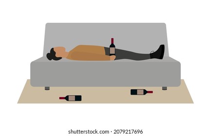 A female character with a bottle of wine lies on the couch and two more bottles lie on the floor