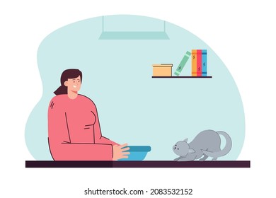 Female character with bowl in hands and cat asking for food on table. Woman feeding her pet flat vector illustration. Pet care, friendship concept for banner, website design or landing web page