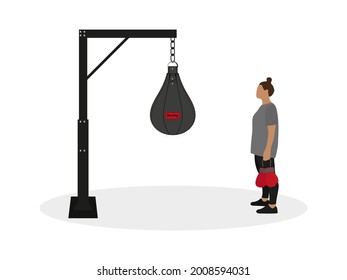 Female character with boxing gloves in hands stands in front of punching bag on white background