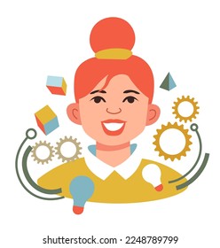 Female character brainstorming and thinking about project completion. Woman with gears and shapes, light bulb and innovative ideas, clever employee or bright student. Vector in flat style illustration