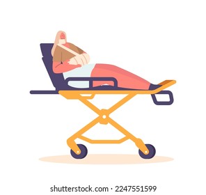 Female Character with Broken Hand Lying on Stretchers or Medical Bed Isolated on White Background. Injured Woman Patient with Arm Fracture, Health Care, First Aid. Cartoon People Vector Illustration