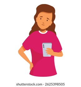 Personagem feminina com cabelo castanho está segurando um smartphone e parece pensativo