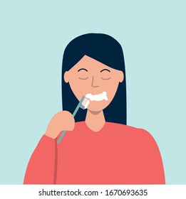 Female character brushes teeth with toothbrush and toothpaste. Oral care concept. Flat vector illustration.