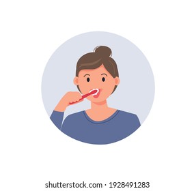 Female character brushing tongue with tooth brush. Dental care and hygiene. Cartoon vector illustration.