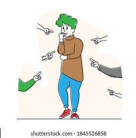 Female Character Bullying, Aggression or Conflict, Stress. Scared Woman Trying to Protect from Aggressive People Pointing on her with Fingers. Violence and Sabotage Concept. Linear Vector Illustration