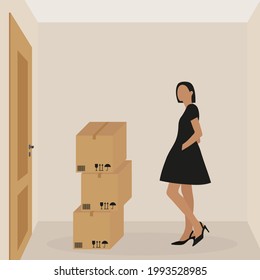 Female character with a bunch of cardboard boxes stands in a room in front of a closed door