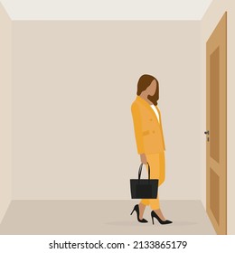 A female character in a business suit and with a bag in her hand stands in front of a closed door in a room
