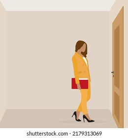 Female character in a business suit with a folder for documents in her hand standing in front of a closed door indoor