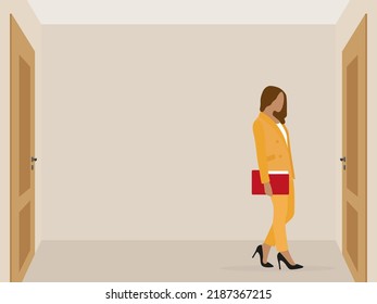 Female character in a business suit with a folder for documents in her hand standing in front of a closed door indoor