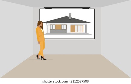 A female character in a business suit is standing near the screen with the image of the house