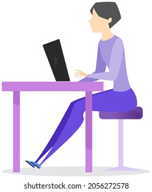 Female character in business suit working at computer. Woman sitting with laptop surfing internet. Manager uses modern technology for work at desktop, table. Clerk, office worker at workplace