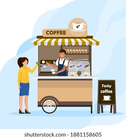 Female character buying coffee at coffee stall in park. Concept of fresh tasty coffee you can buy outdoors. Flat cartoon vector illustration