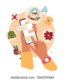 Female character buys christmas gifts online. Woman's hands holding smartphone and shopping online, choosing and buying a Christmas tree, sweaters, holiday products. Flat cartoon vector illustration.