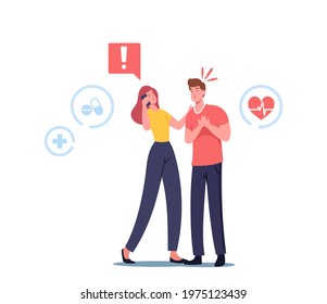 Female Character Call to Ambulance for Emergency Help, First Aid Concept. Man with Heart Attack Holding Chest Need Cardiopulmonary Resuscitation CPR Medical Care. Cartoon People Vector Illustration