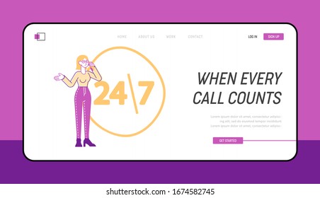 Female Character Call to Technical Receptionist in Customer Support Service Landing Page Template. Girl Client Chatting with in Call Center Hotline Consultant Ask Questions. Linear Vector Illustration