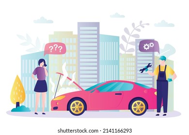 Female character called mechanic to fix car. Woman had automobile breakdown on road. Repairman with tools ready to help driver. Girl doesn't understand what happened to engine. Vector illustration