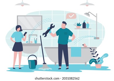 Female character called plumber to repair pipes. Girl asked for help in plumbing service. Water pouring from broken faucets. Entire bathroom floor is in water. Repairman with tool. Vector illustration