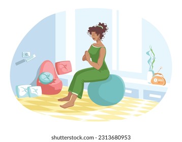 Female character calmly sits on fitness ball. Regular physical activity. Meditation during fitness, yoga ball. Healthy and active lifestyle. Color illustration in flat style