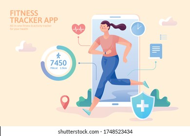 Female Character Can Use Smartphone App To Track Her Own Health And Fitness Information, In Flat Style Design