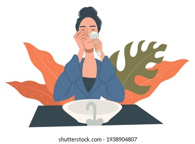 Female character caring for face using facial stone roller for manual massage. Isolated woman standing by basin in bathroom at home, spa procedures and treatment for wellness. Vector in flat style