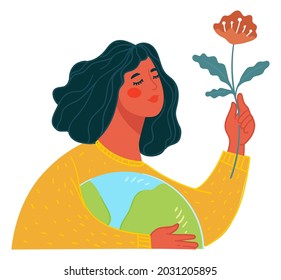 Female character caring for nature, woman cherishing plants and botany enjoying blossom of flower. Lady holding globe planet earth in hands. Environment and ecology protection. Vector in flat style