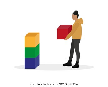 El personaje femenino lleva un cubo grande a otros cubos sobre un fondo blanco
