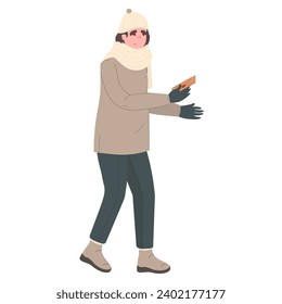 The female character carries a love letter in her hands for Valentine's Day. Female character in winter clothes for festive decoration. Flat vector illustration.