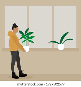Female character carries a pot of plants to the windowsill