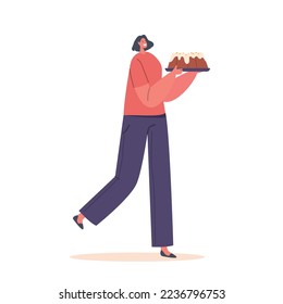 Female Character Carry Easter Cake Isolated on White Background. Woman Prepare for Spring Holiday Event Celebration, Paschal Pie or Kulich Preparation Concept. Cartoon People Vector Illustration