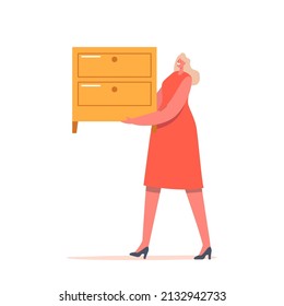 Female Character Carry Wooden Dresser Isolated on White Background. Graphic Designer or Furniture Store Promoter, Saleswoman Presenting Home Stuff and Furnishing. Cartoon People Vector Illustration
