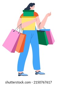 Personaje femenino llevando bolsas y cajas compradas en tiendas y tiendas. Mujer aislada regresando de un centro comercial o supermercado con regalos. La actividad comercial, el ocio y el pasatiempo. Vector de estilo plano