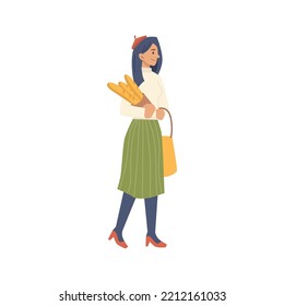Female character carrying baguettes from market. Isolated female character bought loaves of bread form shop in local store. Vector in flat cartoon style