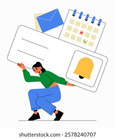 Female Character Carrying Large Notification Card In Flat Vector Illustration Symbolizing Task Overload, Deadlines, And Productivity Pressure, Isolated On White Background