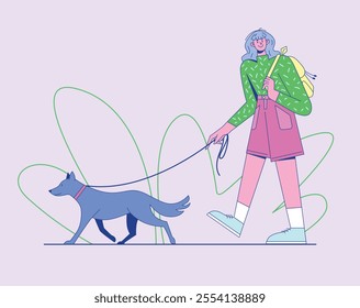 Female Character in casual clothes walking a dog. Dog with a collar walking alongside. Yellow backpack. Isolated composition with abstract green background lines. Flat Vector Illustration.